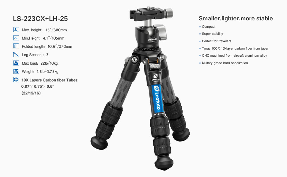 Amazon.com : Leofoto LS-223CX+LH-25 Travel Tripod, Tabletop Tripod