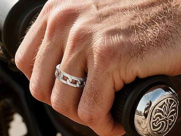 U7 Stainless Steel Mens Rings,Classic Silver Rings Cuban Link