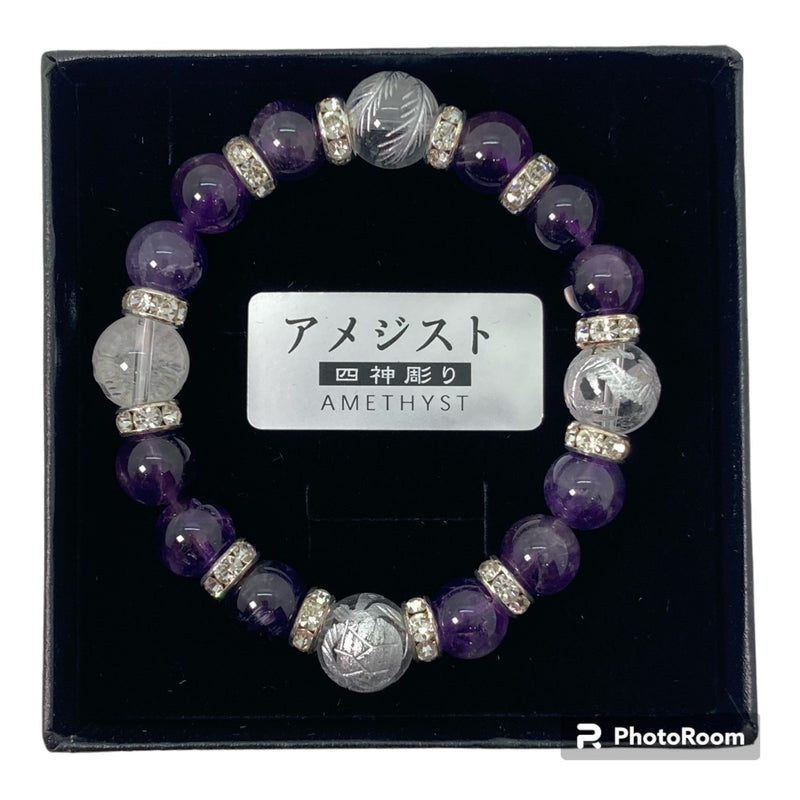 身延山 紫雲堂】 腕輪数珠 本水晶（四神）12㍉ ＆アメジスト10㍉丸玉 御守