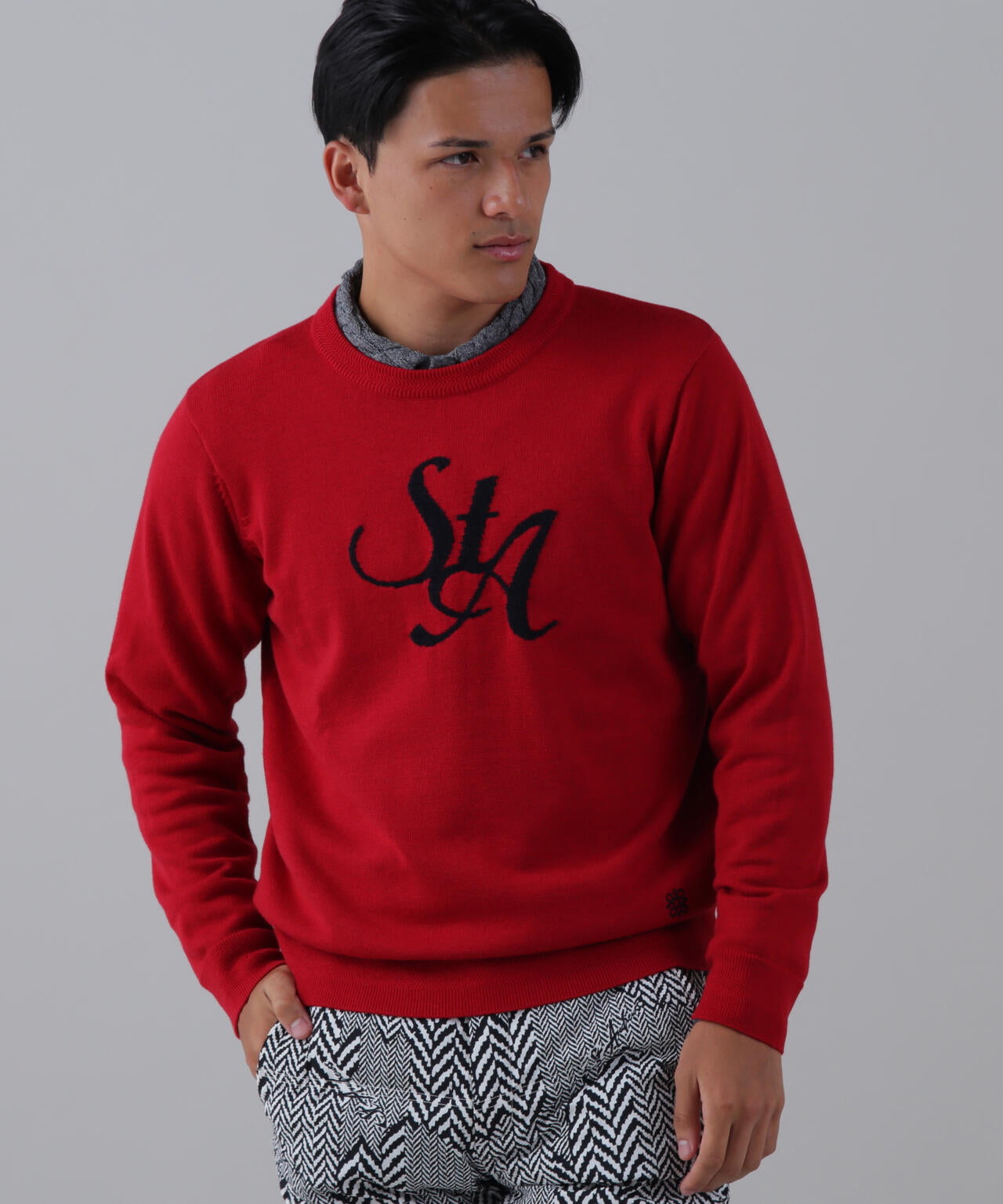 12GSTAインターシャクルーネックニットプルオーバー (MENS) | St