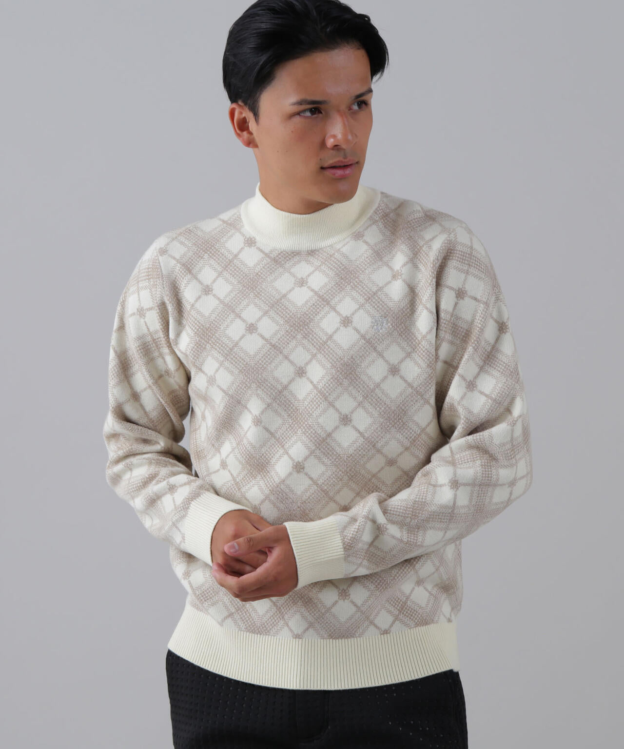 12Gケルトバイヤスチェックジャガードモックネックニットプルオーバー