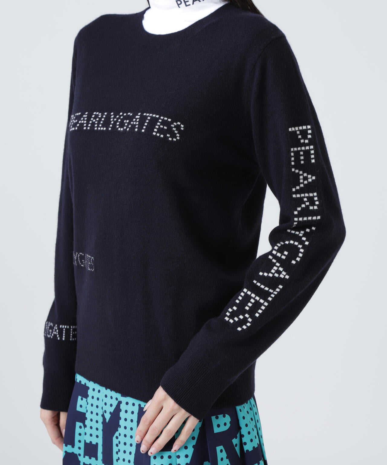 12G部分ジャガードカシミヤ100クルーネックニットプルオーバー