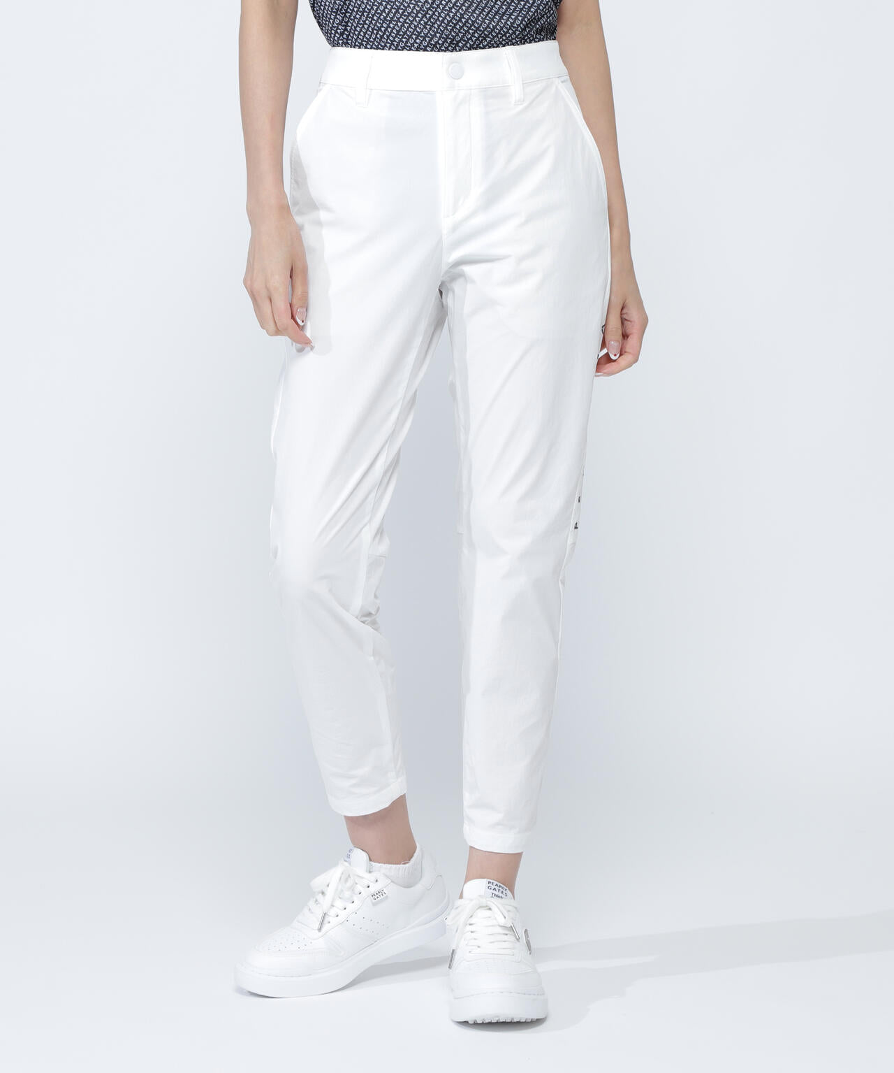 パーリーゲイツ Ny/Pu格子柄ドビー白×黒 長パンツサイズ1 パーリー