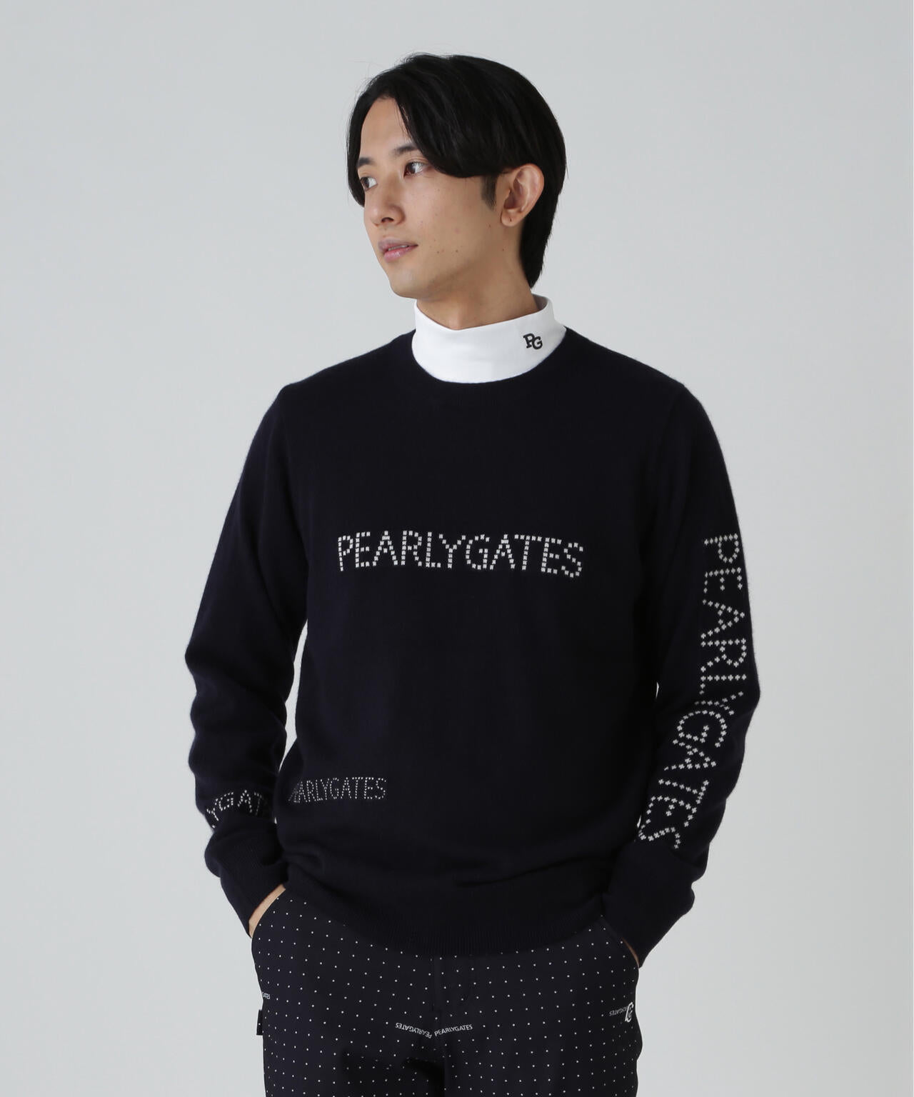 12G部分ジャガードカシミヤ100クルーネックニットプルオーバー