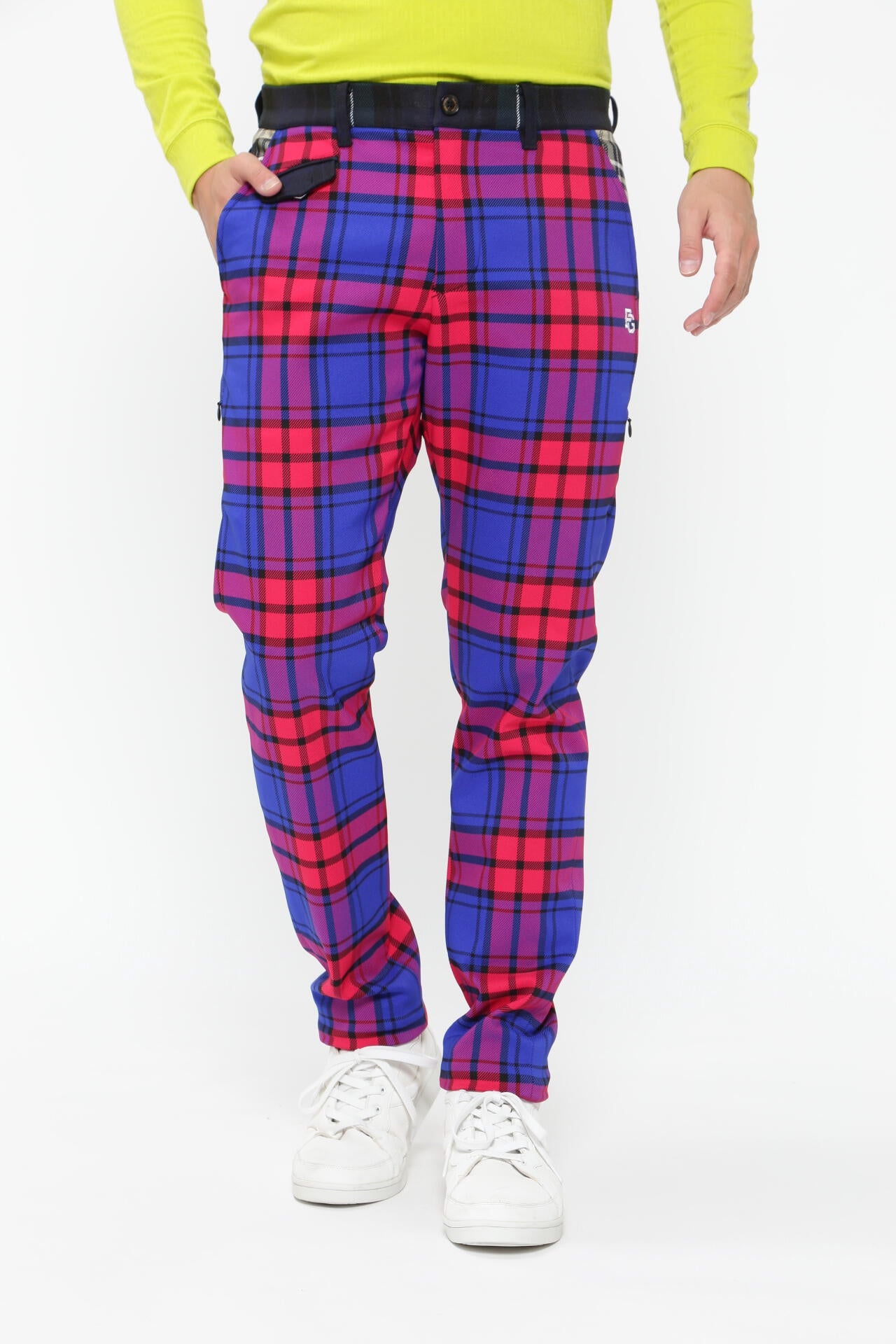 マルチチェック柄 ポリエステルストレッチチェック 5ポケットパンツ