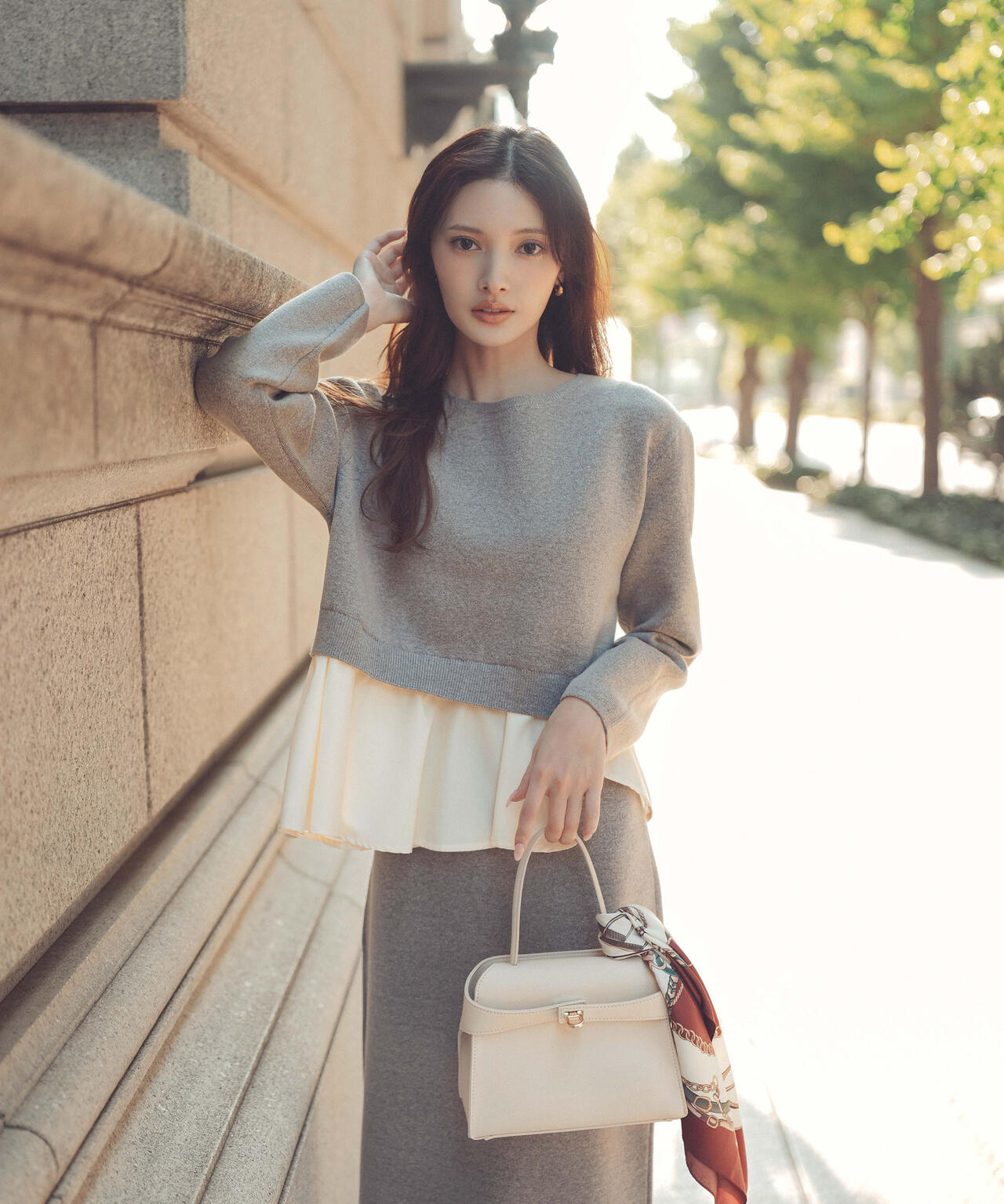 青島心さん着用】＜ウォッシャブル＞ランダムヘムペプラムニットSETUP