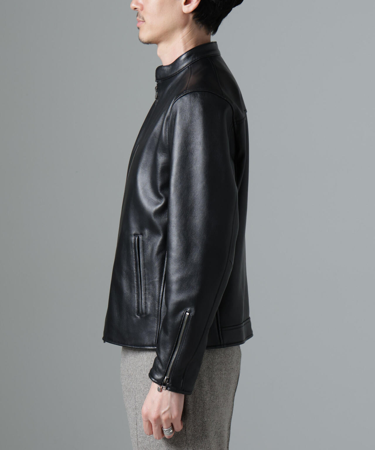 バンドカラーレザーシングルライダースジャケット | NANO universe