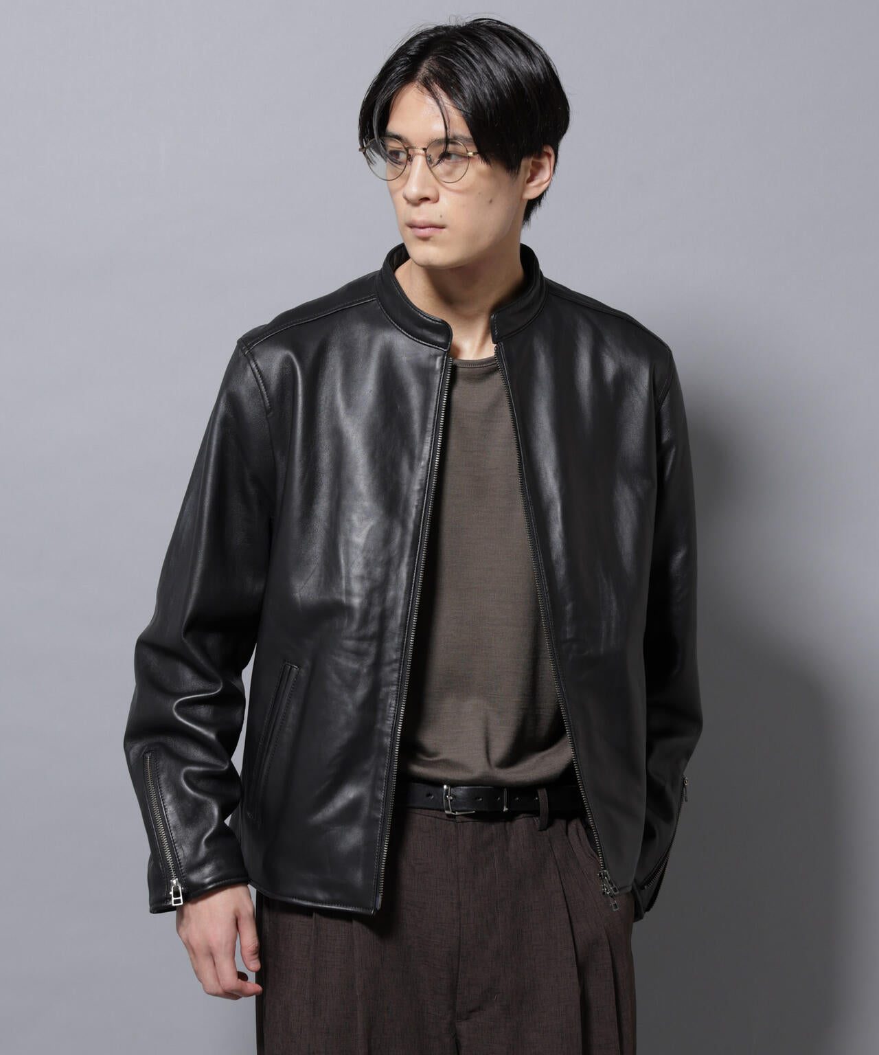 バンドカラーレザーシングルライダースジャケット | NANO universe