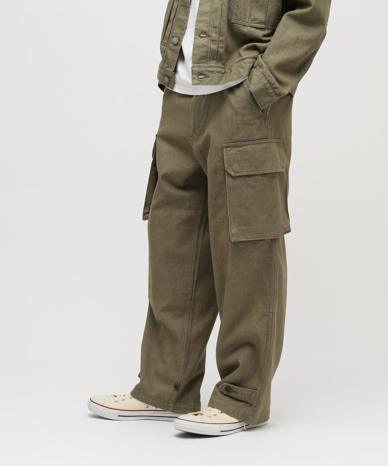 TFQP by HANDROOM》GREEN SELVEDGE MILITARY DENIM CARGO TROUSERS M