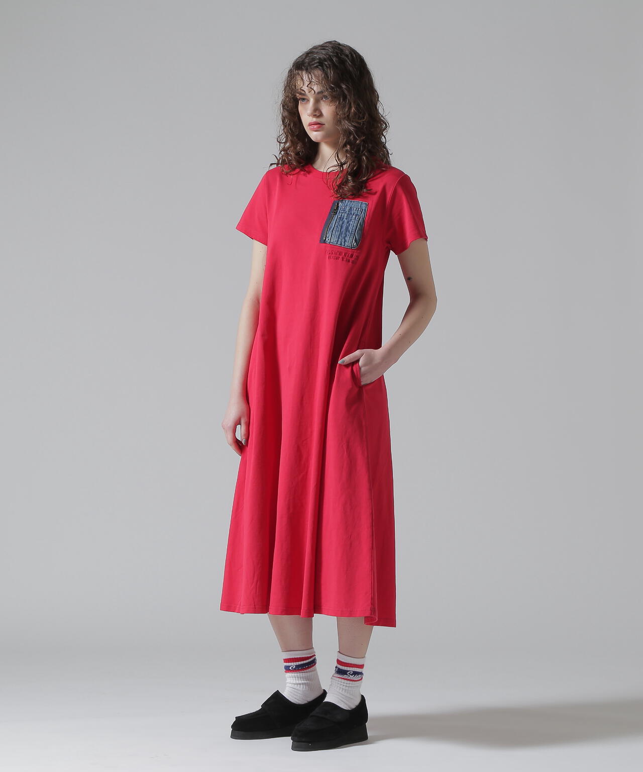 DENIM POCKET FLARE ONEPICE/デニム ポケット フレア ワンピース