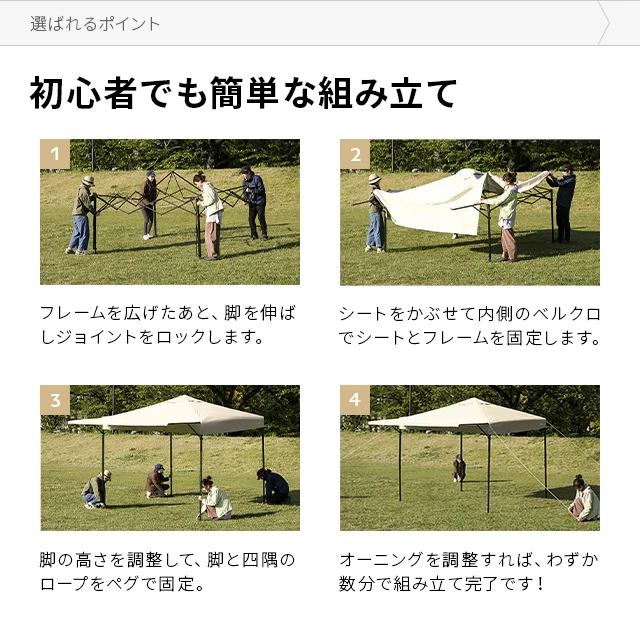 オーニングタープ 250cm x 250cm 3段階高さ調整 収納バッグ付き