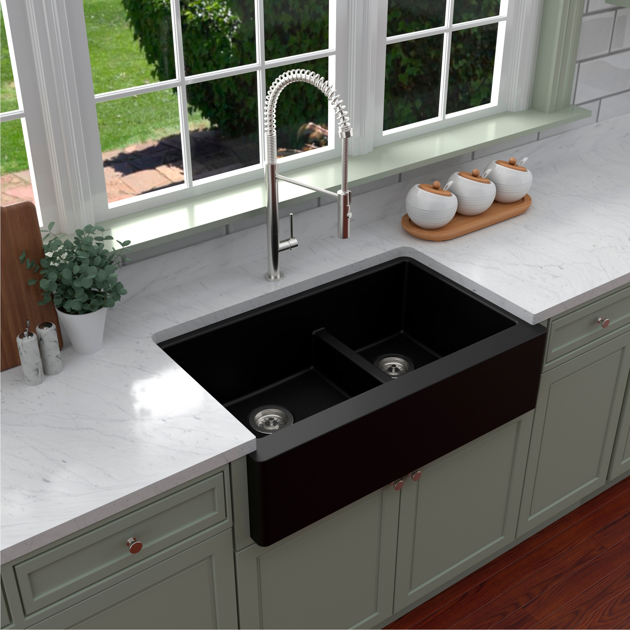 Karran Farmhouse Apron Front 34-in x 21.25-in Black Quartz Double