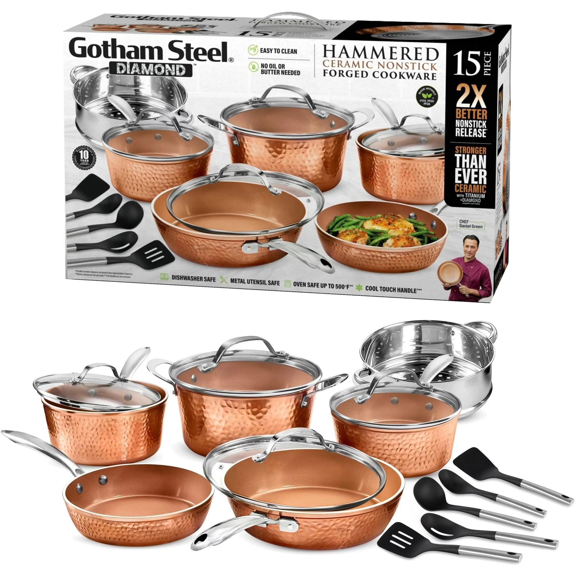 Gotham Steel 15-Piece Hammered Copper 8-in Aluminum Cookware Set