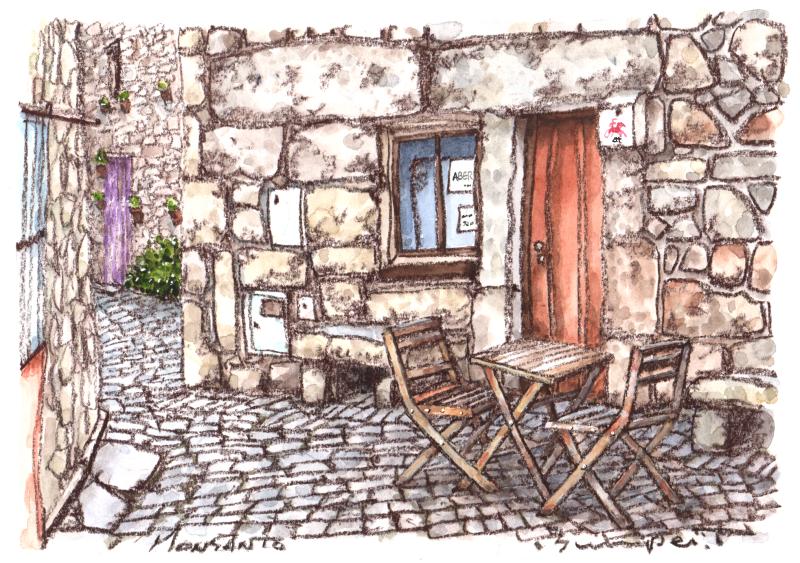 絵画の水彩画で高橋文平が描いたポルトガルの絵「モンサントの民家」を