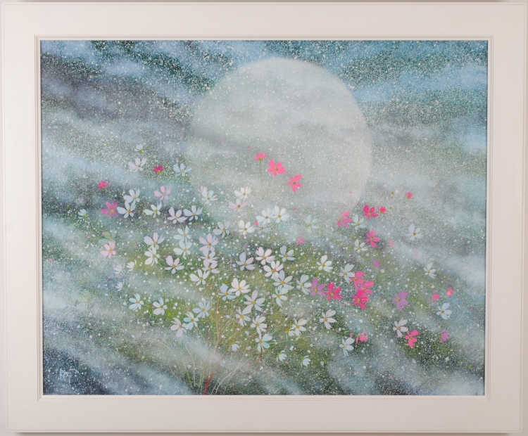 花の絵画をミクストメディアで描いた荒木幸史の花の絵「月に遊ぶ