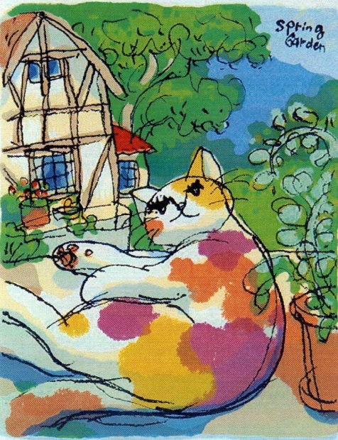 マイケル・ルーのポップアートの猫の絵画「スプリング・ガーデン」を