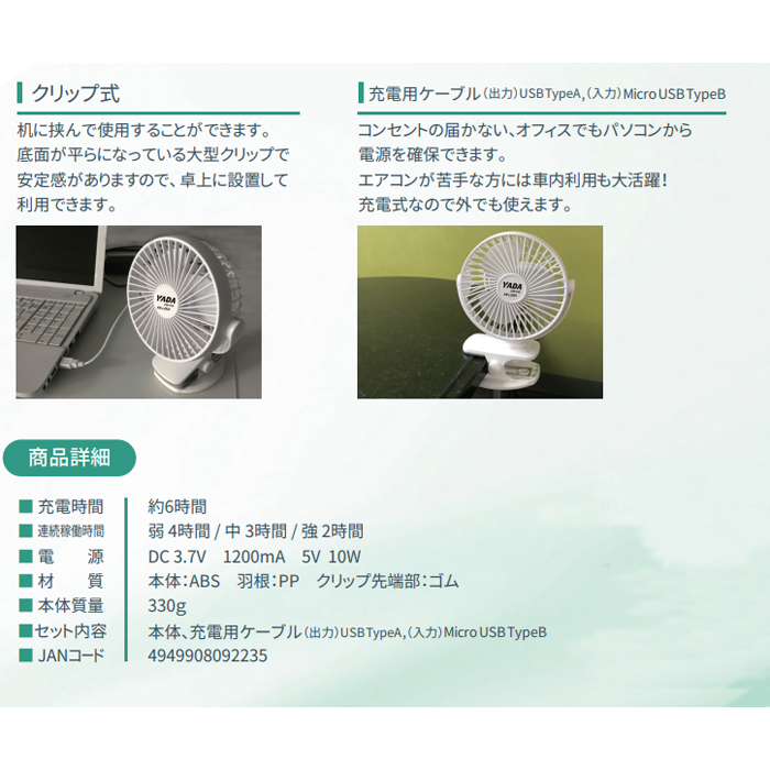 YADA クリップ式 USB扇風機 ミニファン KN-L2855【頑張って送料無料！】