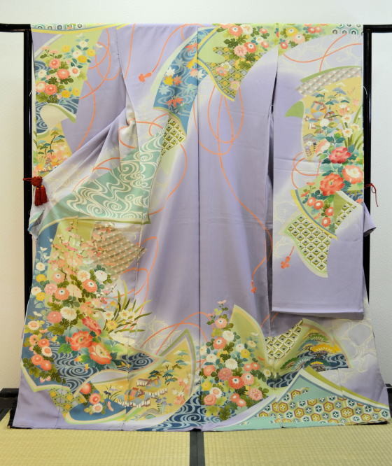 日産呉服の振袖 /水色/緑色/古典/牡丹柄/ 最高級手描き加賀友禅振袖