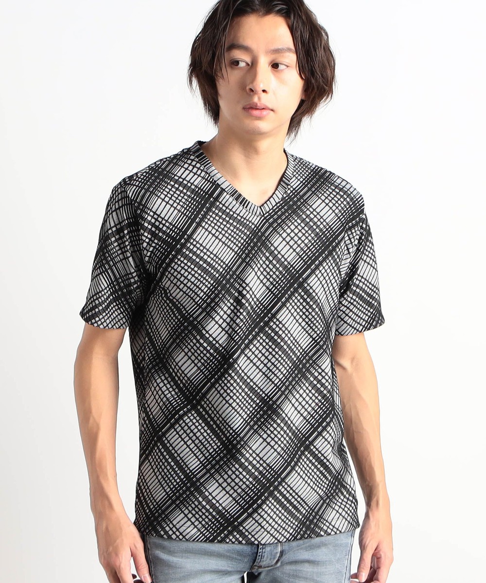 ブリスターチェックジャガードVネック半袖Tシャツ｜カットソー