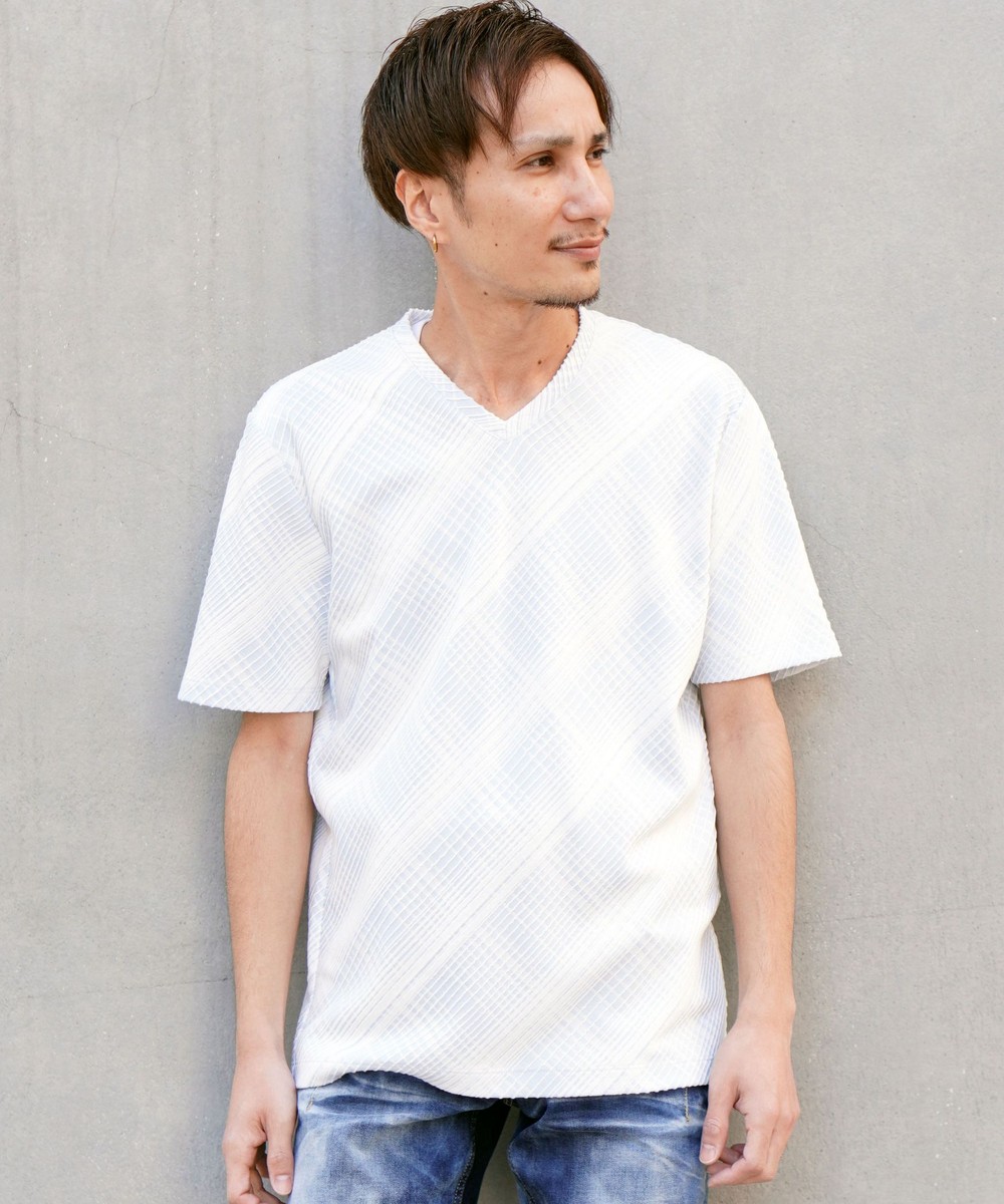 ブリスターチェックジャガードVネック半袖Tシャツ｜カットソー