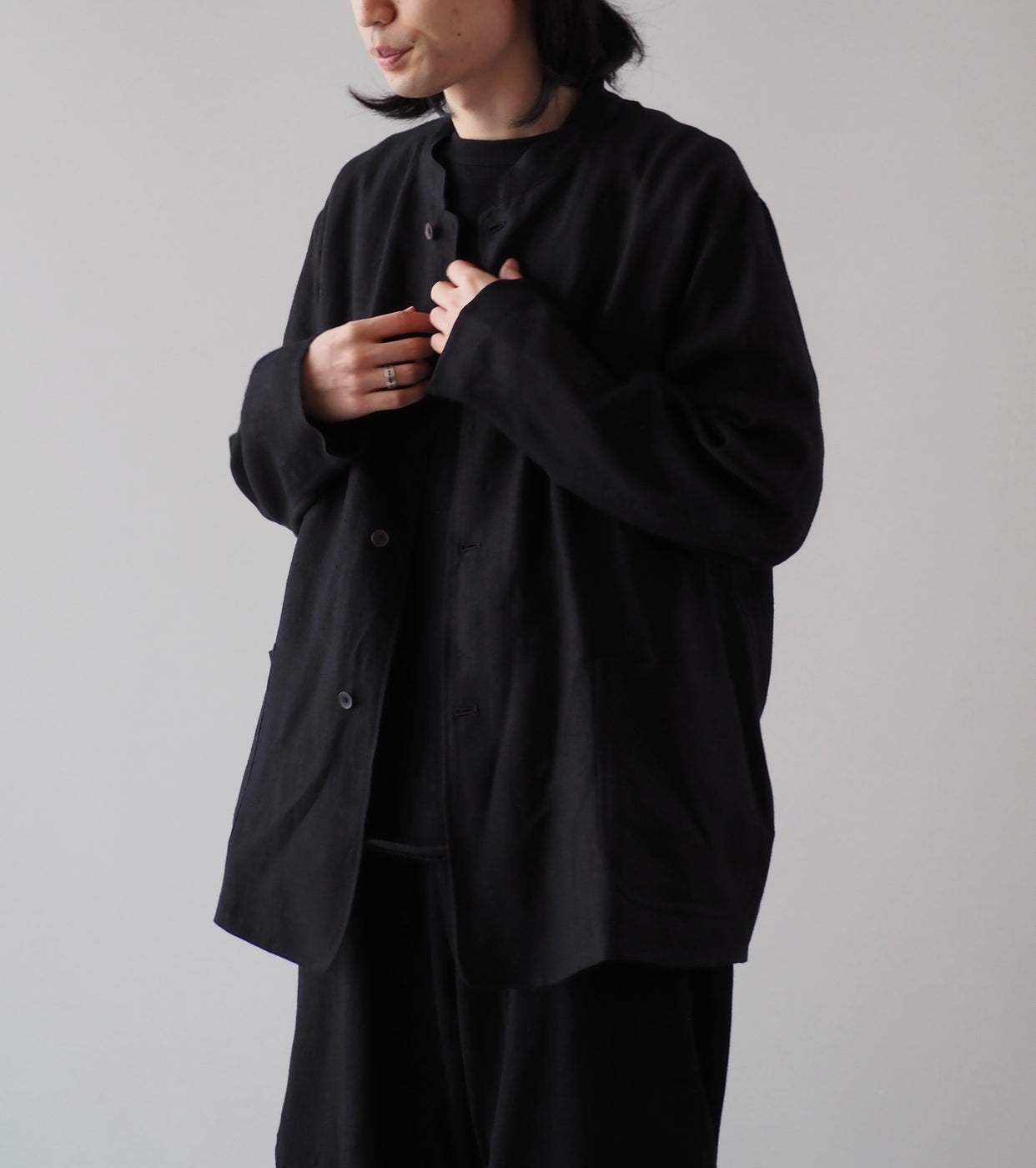 COMOLI Canapa Stand collar jacket , Black – Navyblue