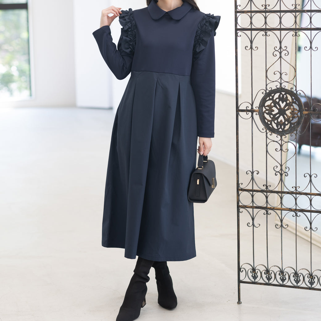 丸襟肩フリルタフタ切替ワンピース – Neigeオンラインストア