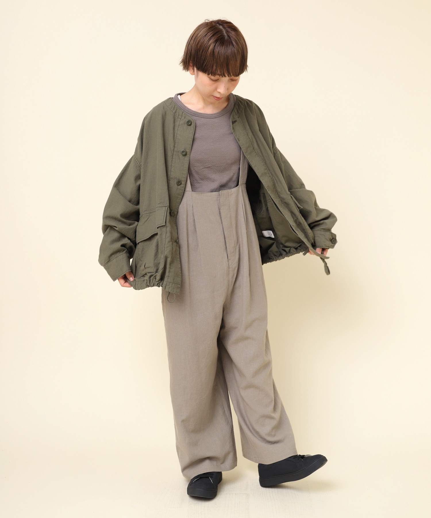 O0714 レーヨンリネンサロペット(M アーミーグレー): オールインワン