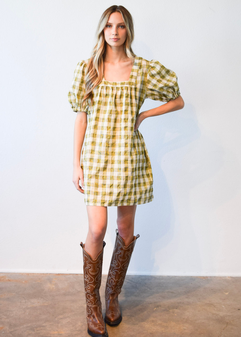 Never A Wallflower | Square Neck Short Dress Yellow Plaid