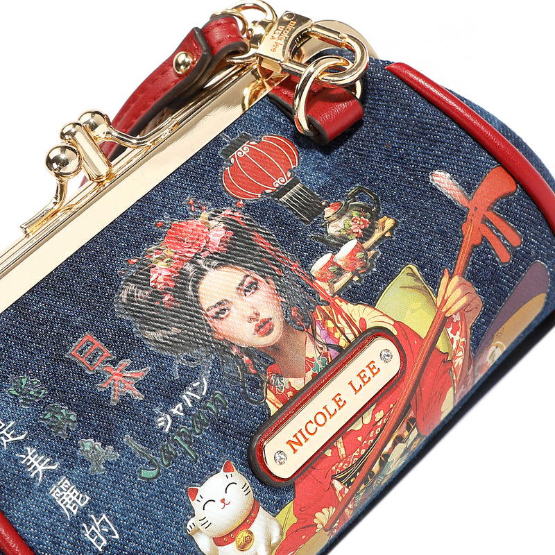 Denim Mini Kiss Lock Coin Purse Leather Wristlet Flower Keychain