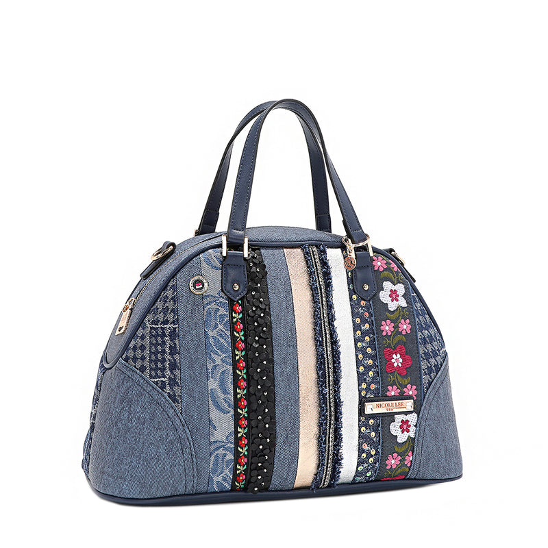 Patch Flower Dome Satchel with Cotton denim exterior with faux