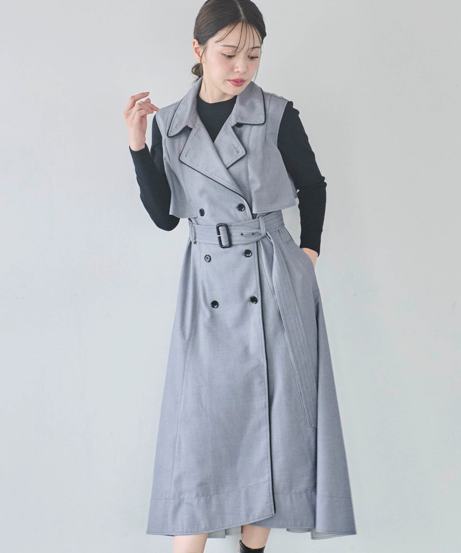 フェイクレザーパイピングトレンチ2WAYワンピース | ロング