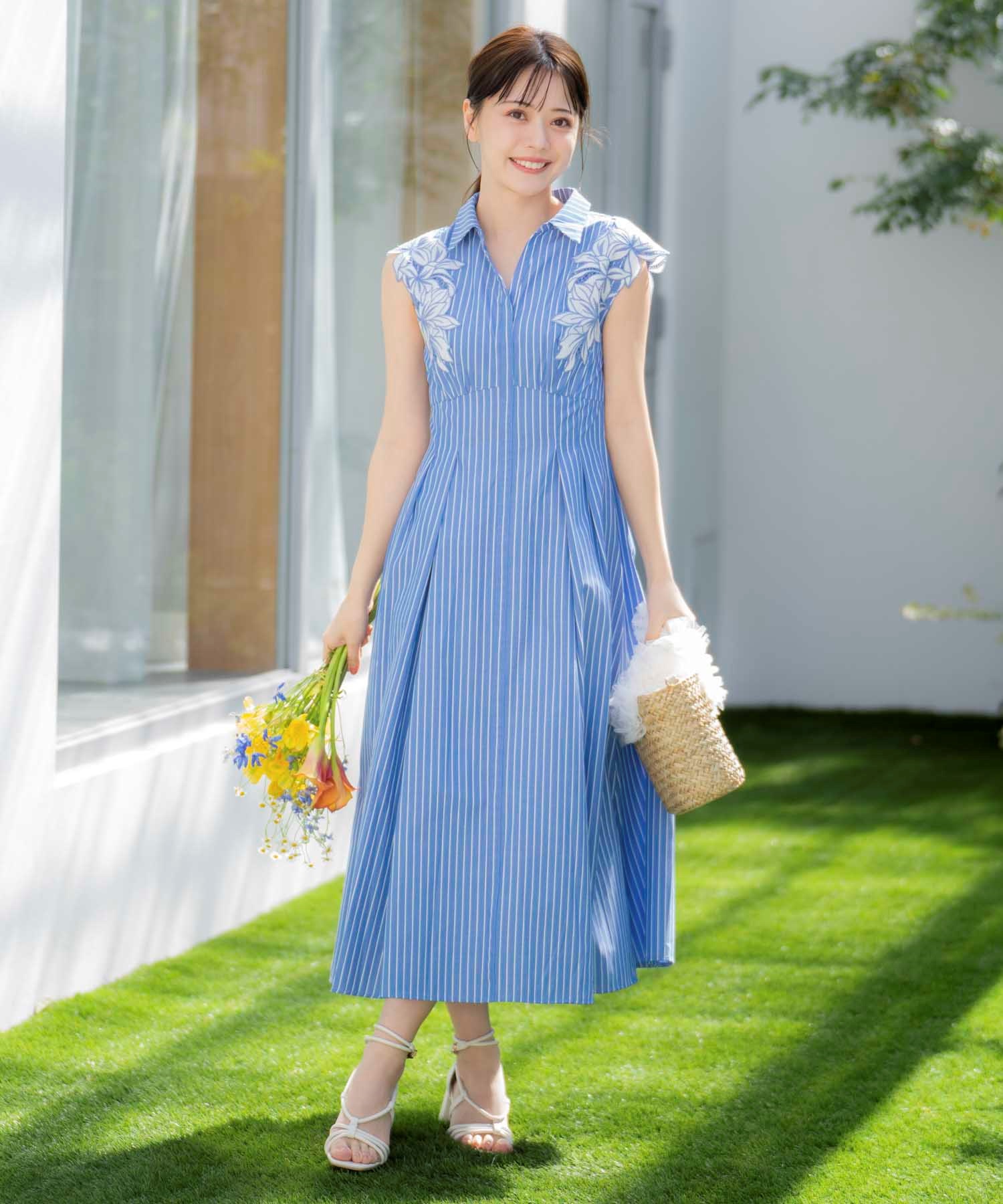 15周年】【SSサイズあり】エンブロイダリーストライプワンピ | ロング