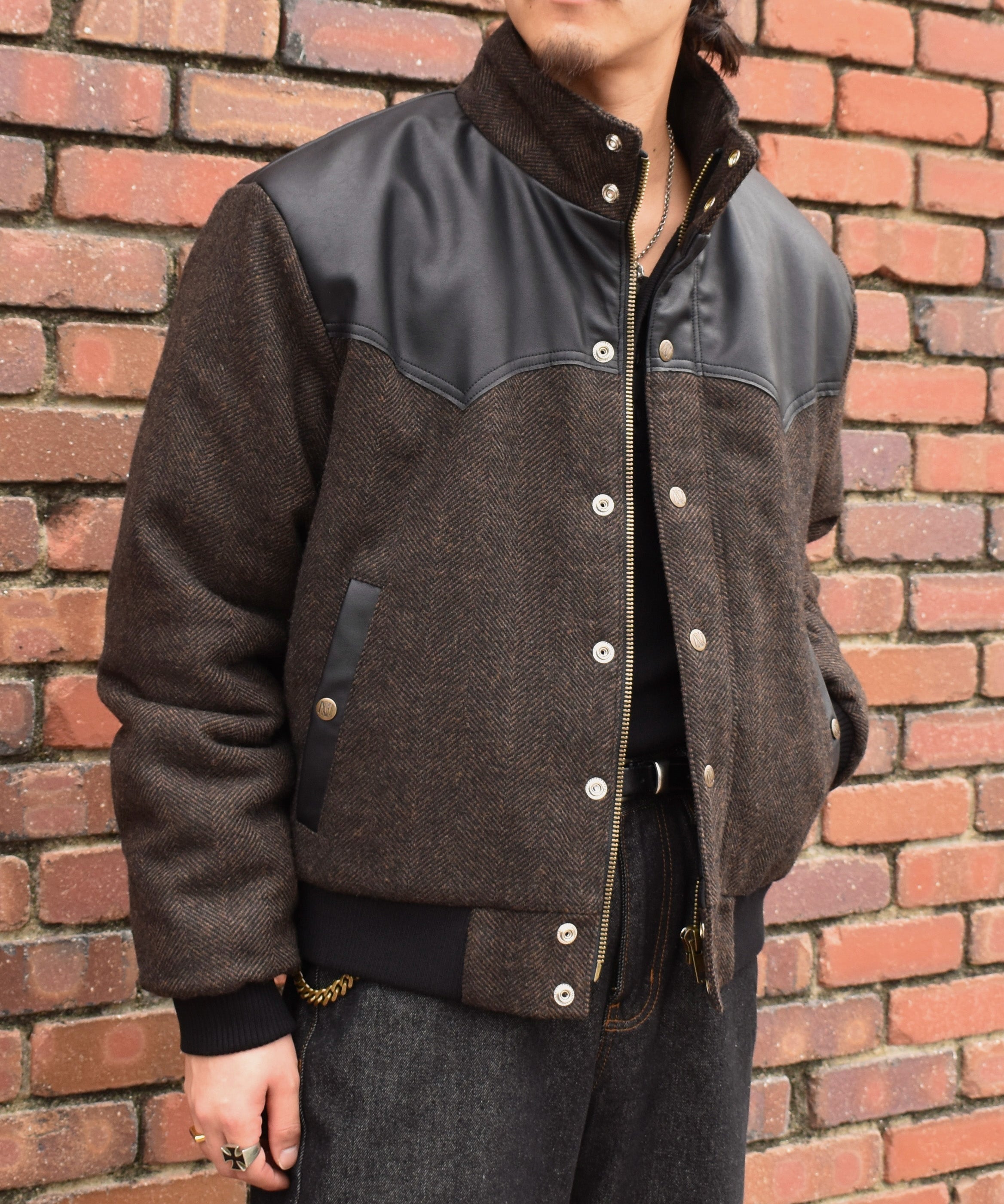 レザーヨーク中綿ツイードジャケット[Brown] – Noen