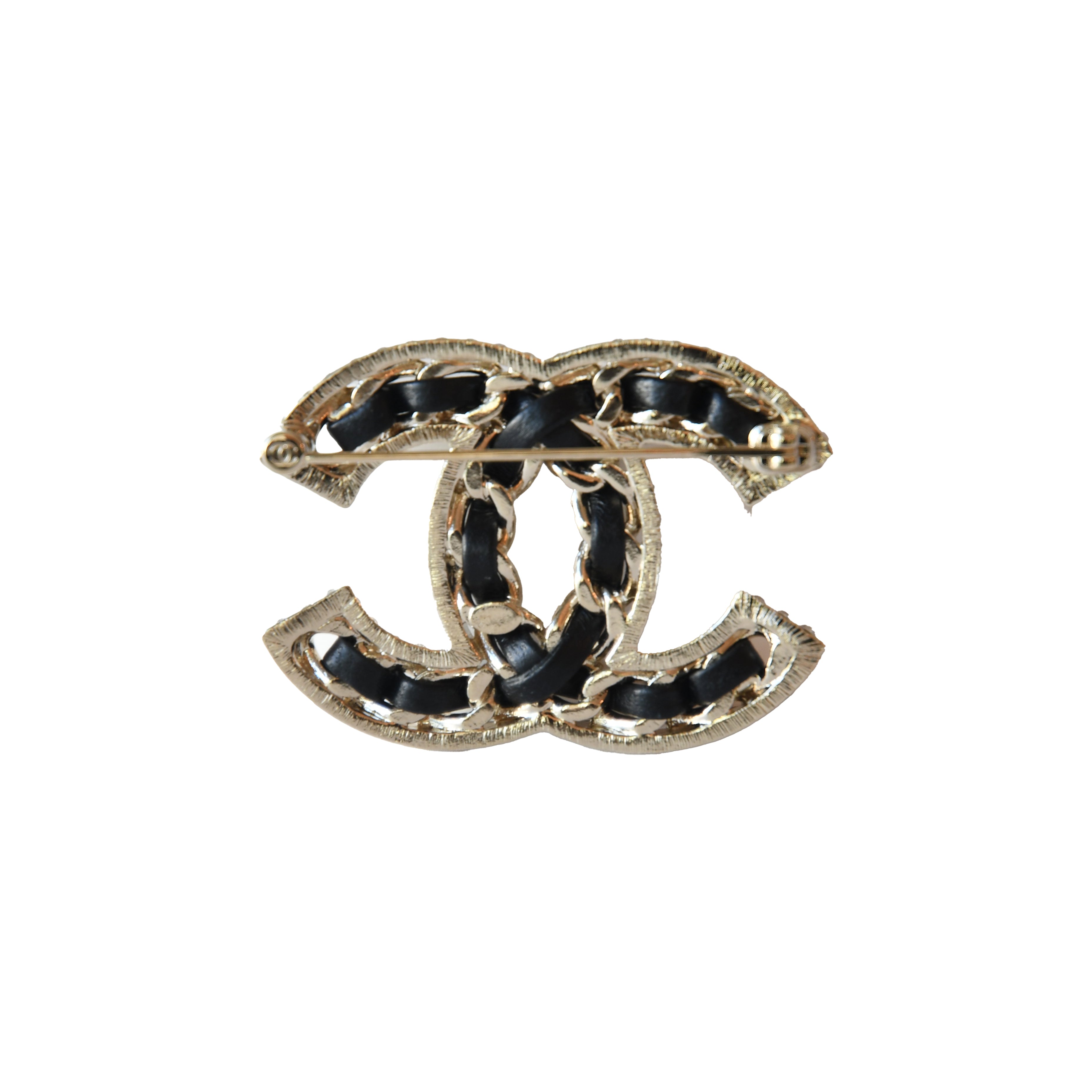 Chanel CC Crystal Strass B23P Brooch Metal with leather Gold Black