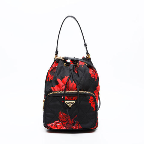 PRADA Nylon Drawstring Bag with Flower Print Shoulder Bag black