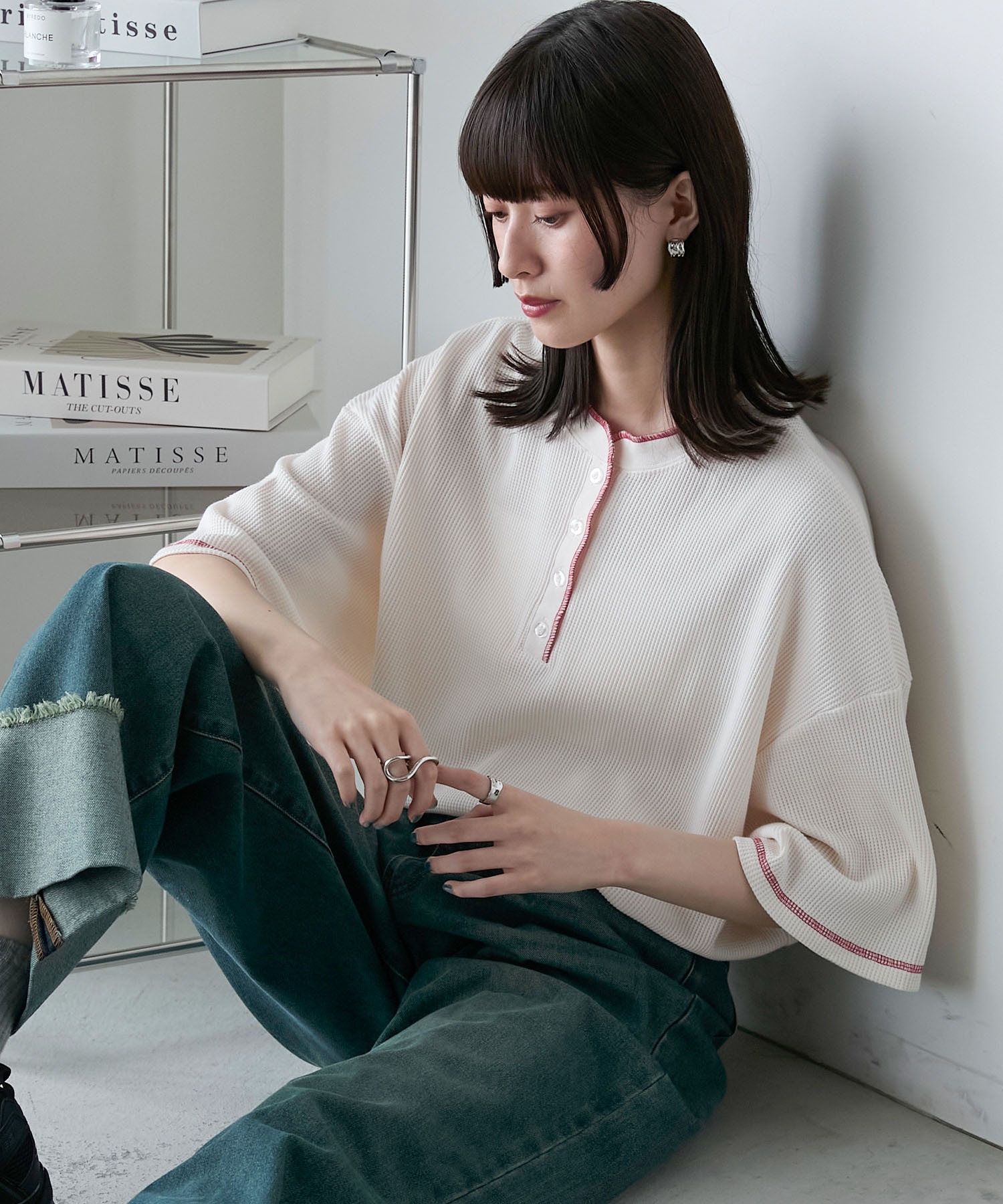 forksy.】オーバーサイズワッフルヘンリーネック配色ステッチTシャツ