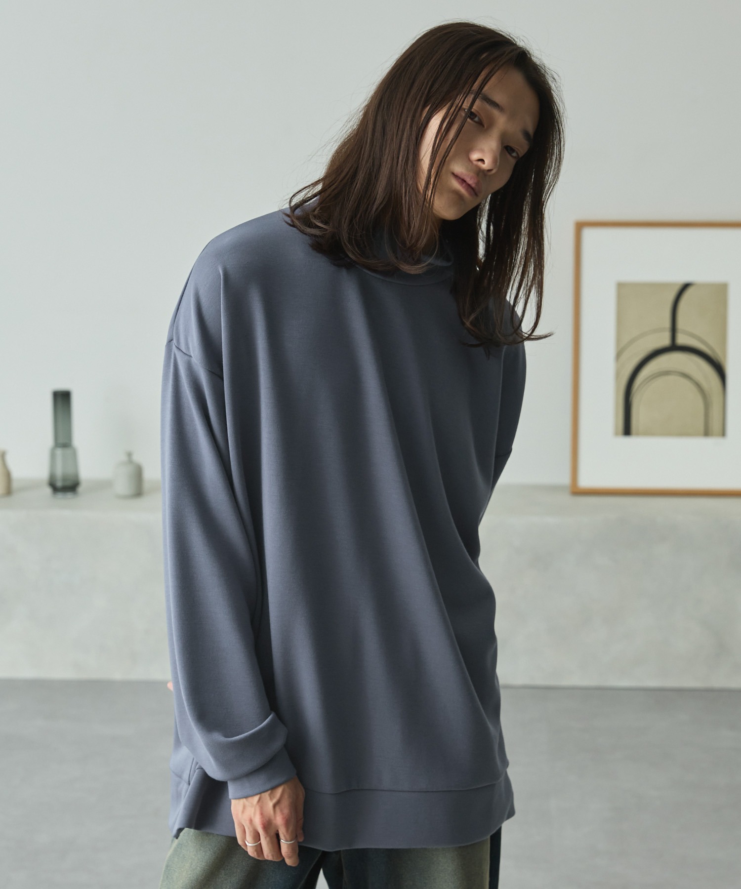 モックネック ルーズオーバーサイドスリット ハイポンチ ドレープL/S
