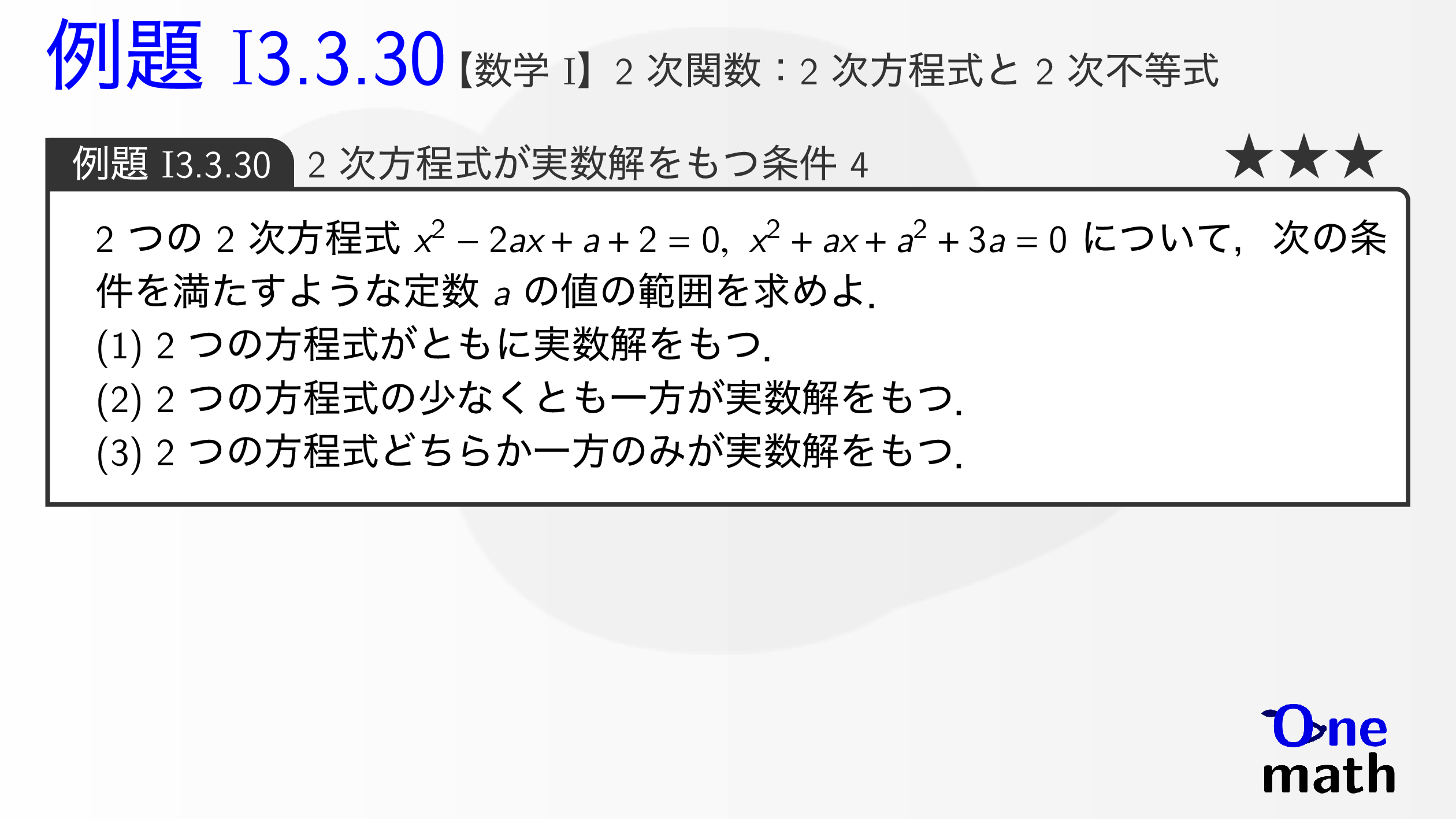 数学I】例題3.3.30：2次方程式が実数解をもつ条件4