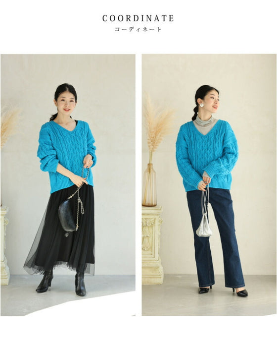 鮮やかブルーのざっくり編みニットプルオーバートップス – ONE PEACE