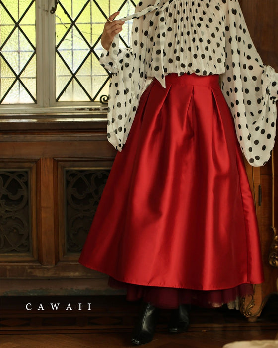 ラグジュアリーな艶紅タックミディアムスカート – ONE PEACE ONLINE