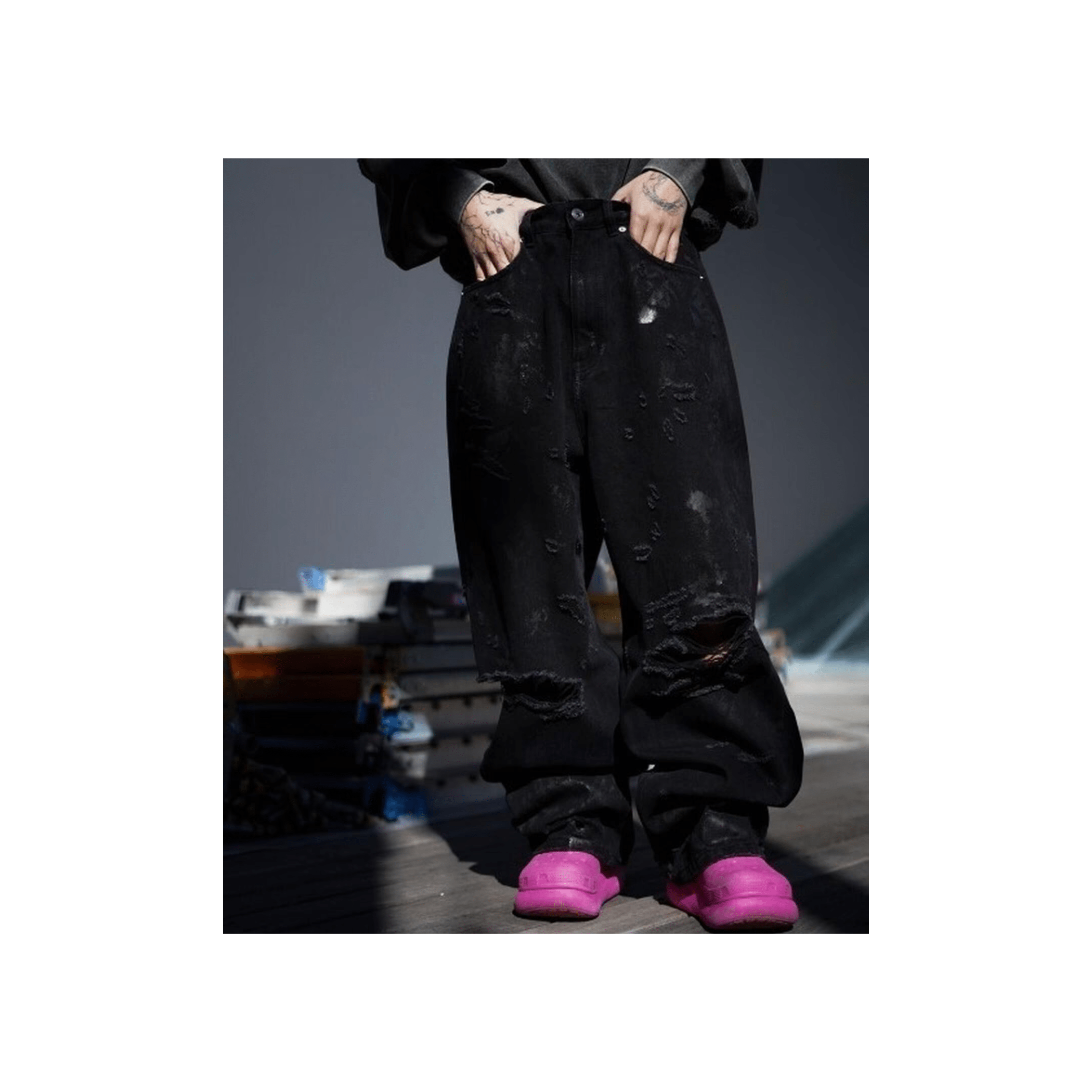 FR(13)NDS/フレンズ/HDKダメージワイドパンツ/BLK(F black)｜ ROYAL