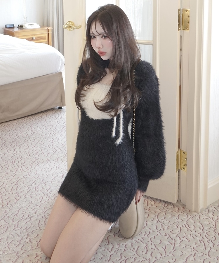 feather front cut onepiece×cable ribbon cami set(M PINK BEIGE