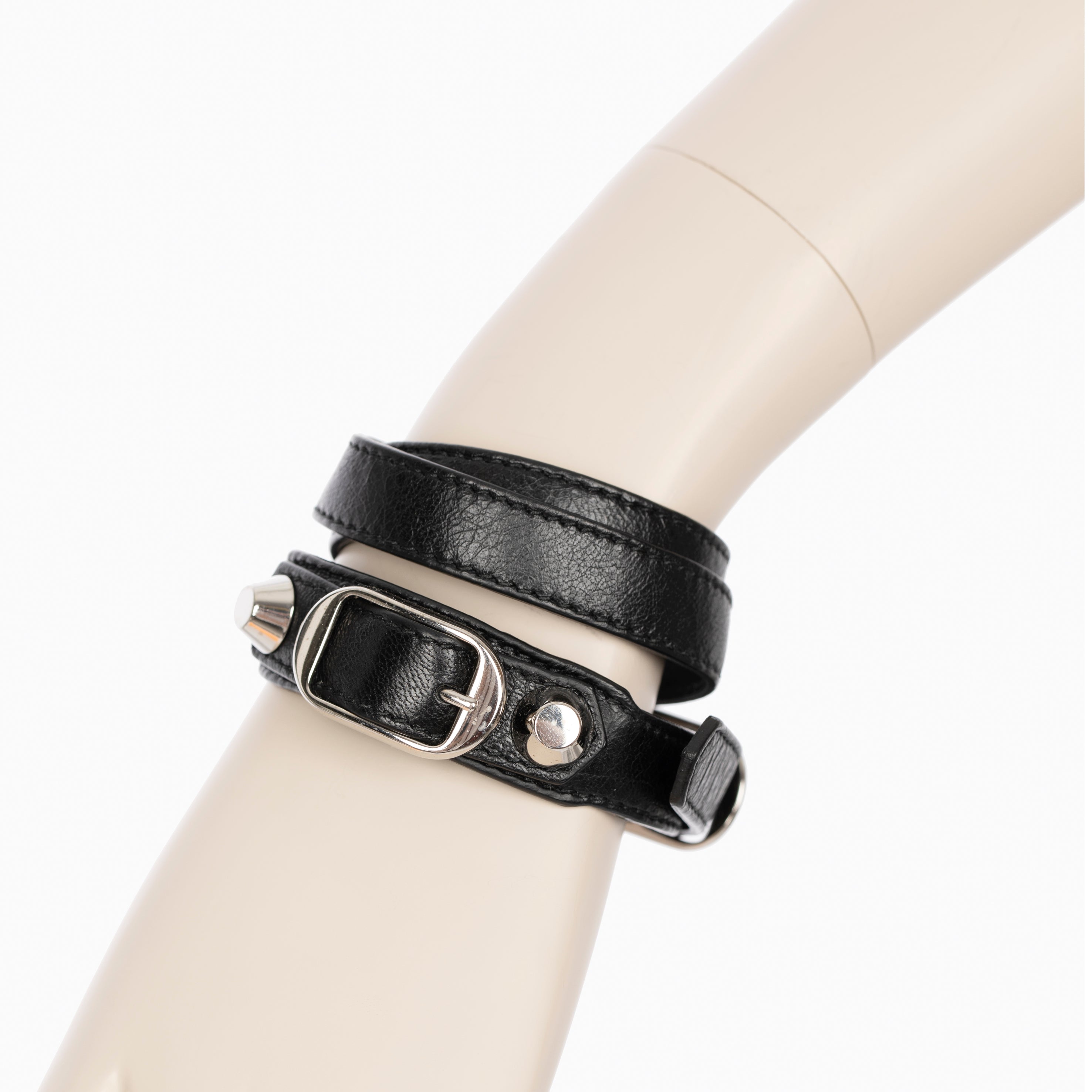 Balenciaga Black Leather Double Wrap Bracelet With Silver Tone Hardwar