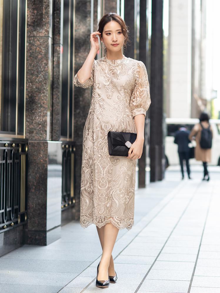バルーンスリーブ刺繍ドレス(ベージュ)H1-392BE-S | OTONA DRESS