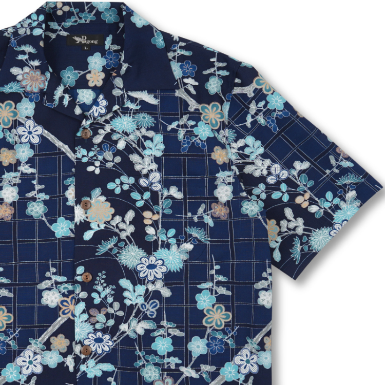 花柄 ドライアロハシャツ ＜格子に梅樹秋草/紺＞ | 京友禅アロハシャツ