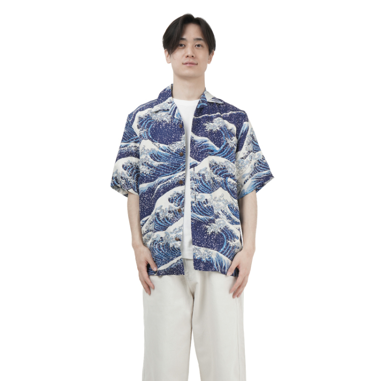 葛飾北斎 京友禅 アロハシャツ ＜大波/青＞ | 京友禅アロハシャツ
