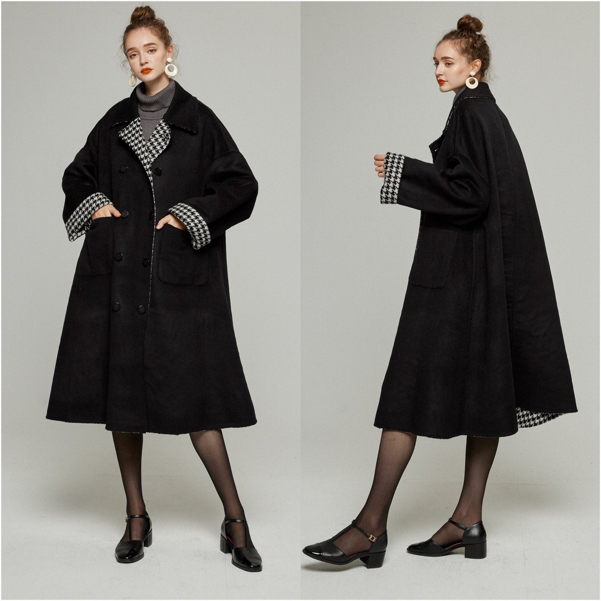 口角にほくろがある彼女》 ・千鳥柄とブラックのリバーシブルコート