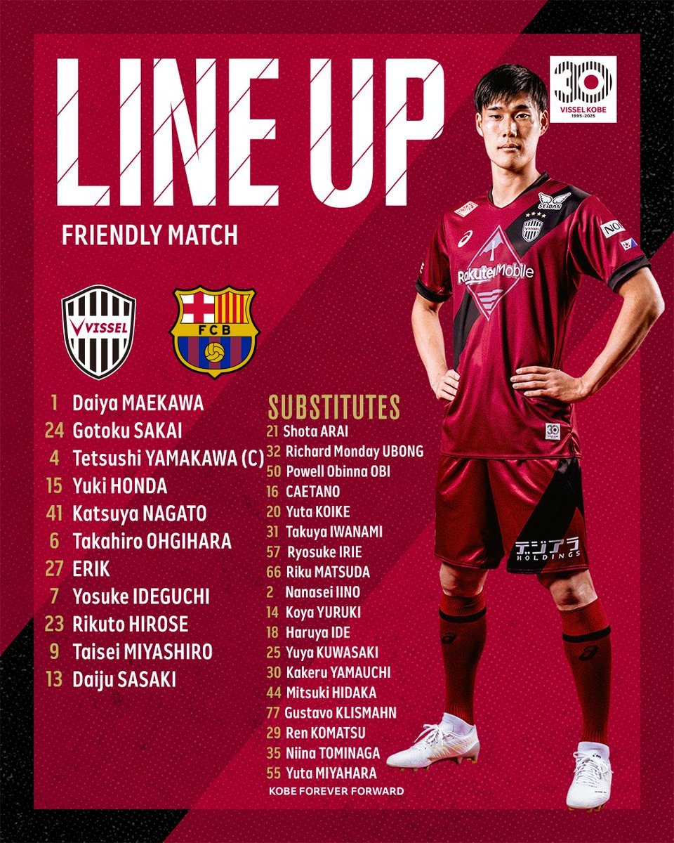 LINEUP] ヴィッセル神戸30周年記念チャリティーマッチ🏟️ 今日はこの