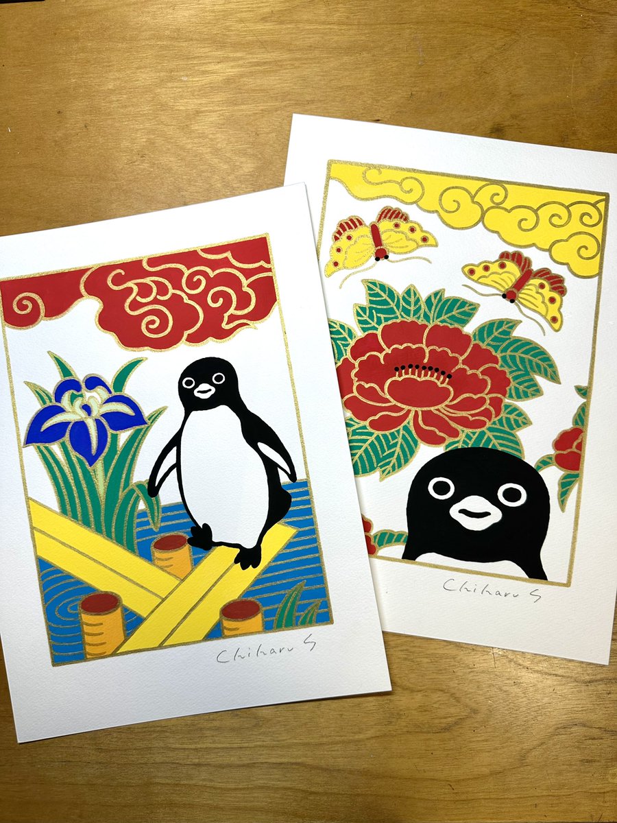 絵の具を使って「ペンギン花札」を制作中。 深夜にせっせとたのしい