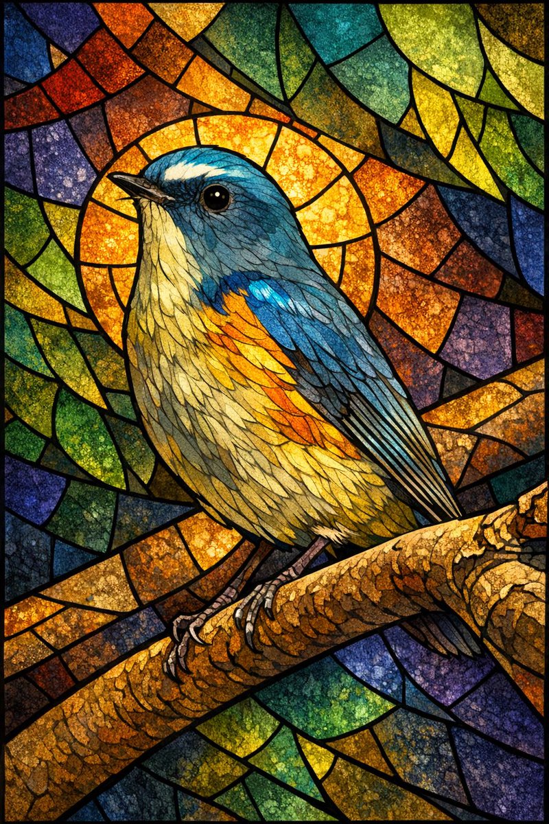 先日ルリビタキに出会ったので 意味はないけどAIに「ステンドグラス風